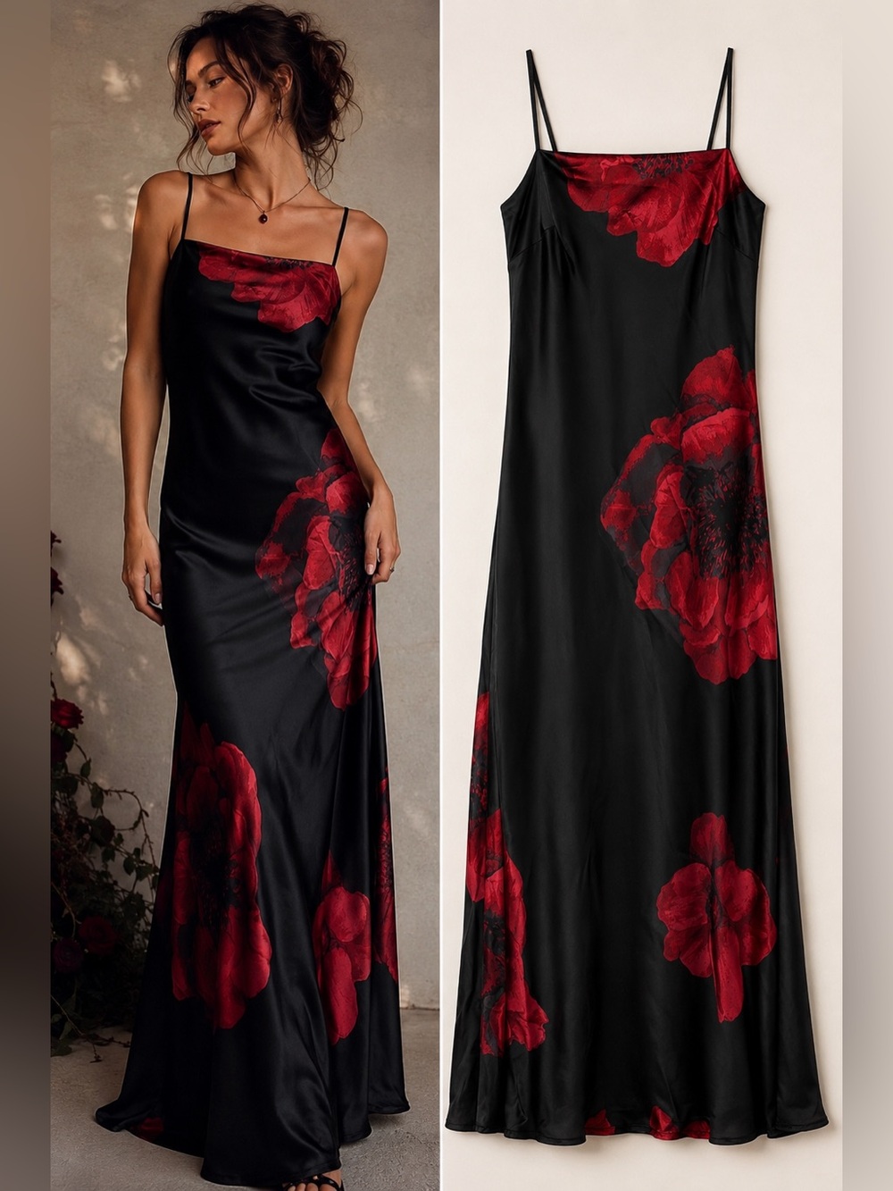 ROWA Black Red Poppy Floral Satin Maxi Dress Size Small Dark Romance Y2K Goth